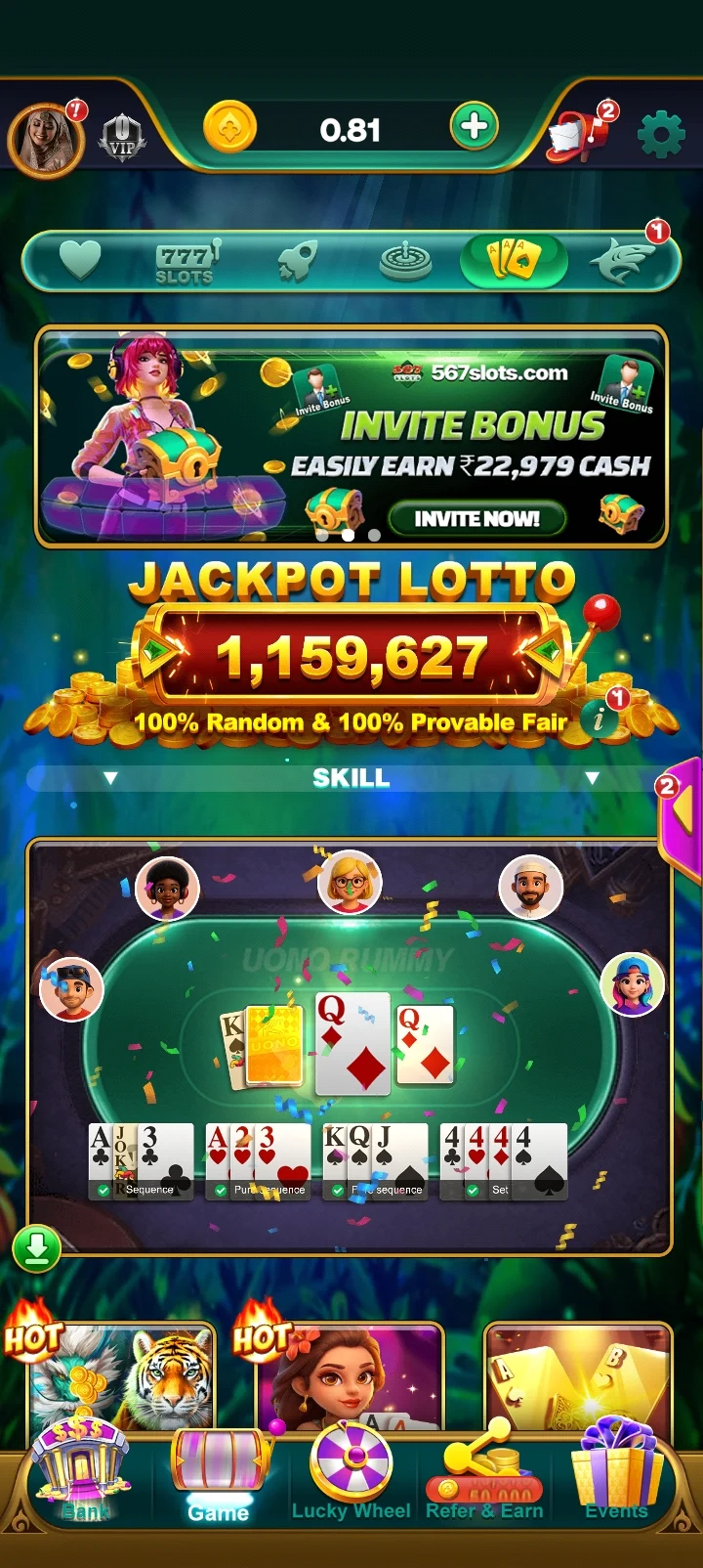 567SLOTS app interface 2